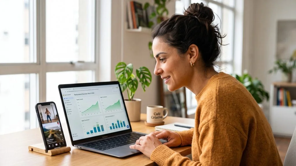 Empreendedora analisa no notebook os dados de busca do Google, com celular ao lado mostrando vídeos curtos